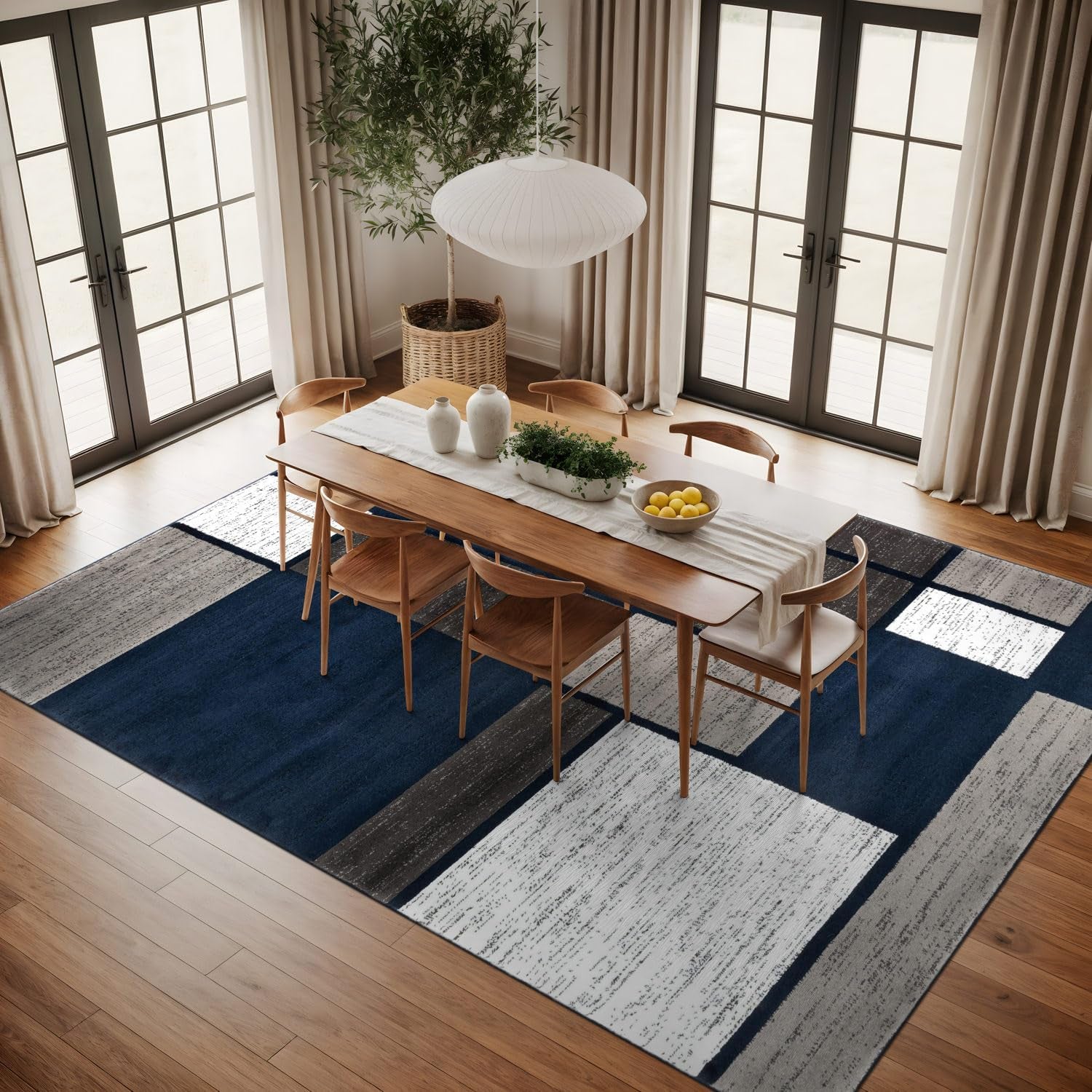 Modern Geometric Boxes Area Rug (10' x 14') – Navy Fade-Resistant Rectangular Rug for Living Room & Bedroom