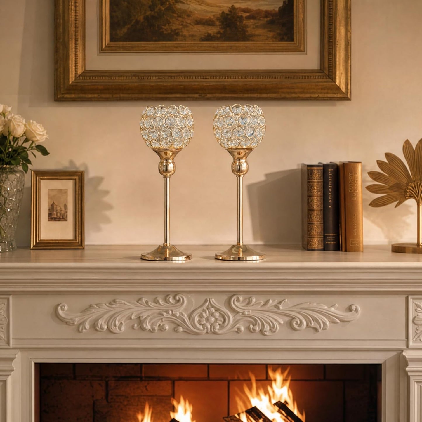 Gold Crystal Candle Holders (Set of 2) – Elegant Centerpieces for Fireplace, Wedding & Table Decor