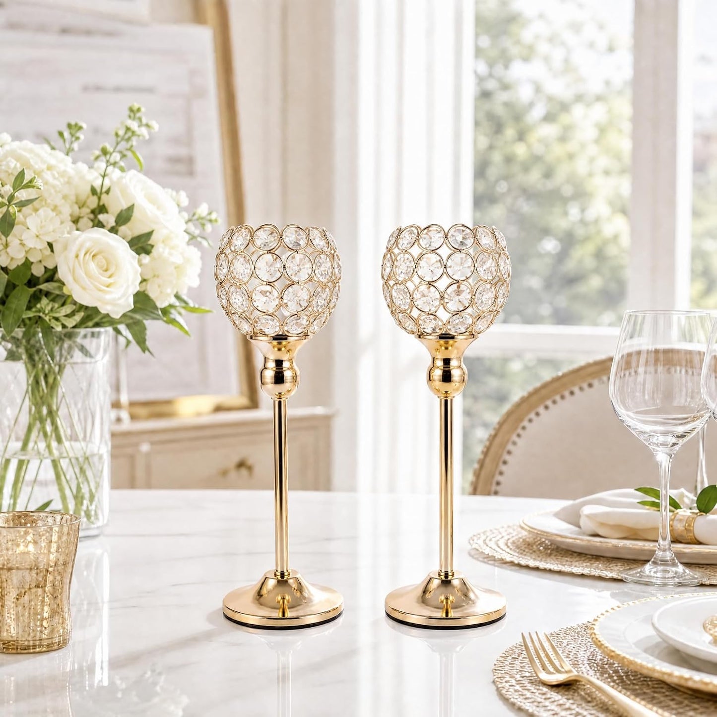 Gold Crystal Candle Holders (Set of 2) – Elegant Centerpieces for Fireplace, Wedding & Table Decor