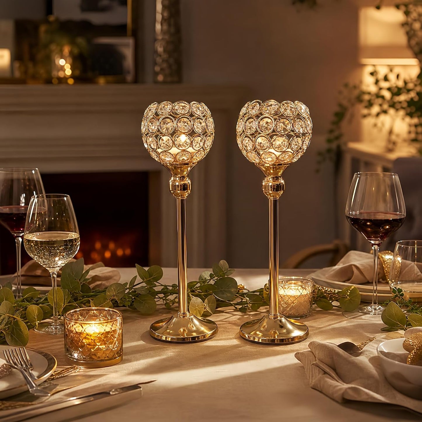 Gold Crystal Candle Holders (Set of 2) – Elegant Centerpieces for Fireplace, Wedding & Table Decor