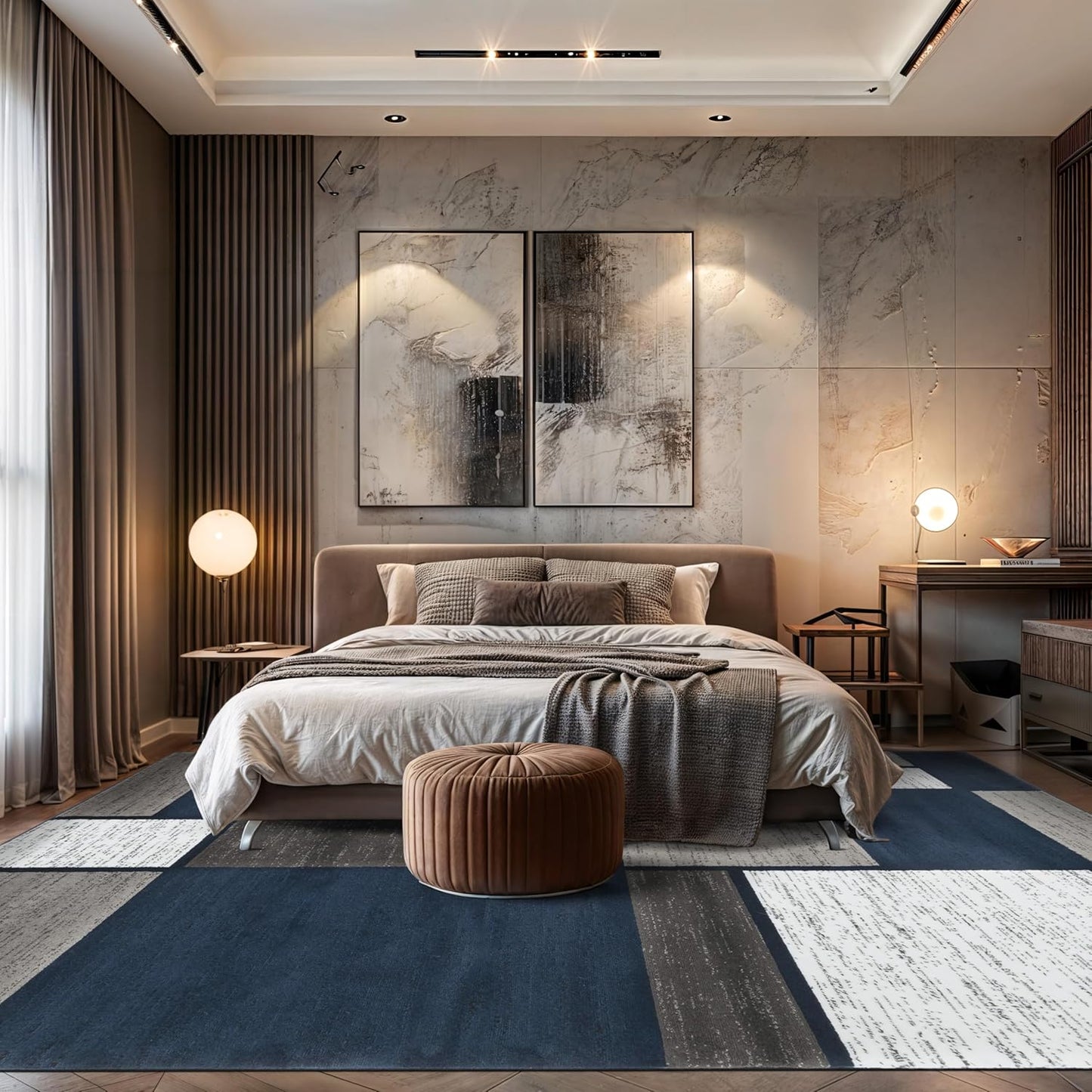 Modern Geometric Boxes Area Rug (10' x 14') – Navy Fade-Resistant Rectangular Rug for Living Room & Bedroom
