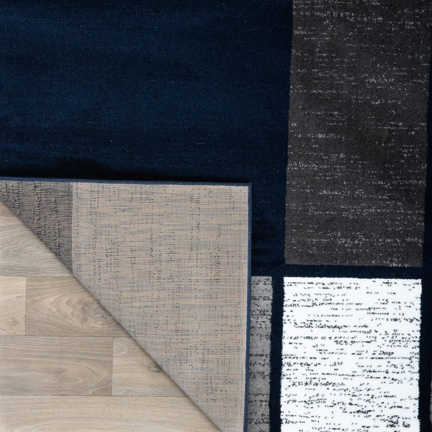 Modern Geometric Boxes Area Rug (10' x 14') – Navy Fade-Resistant Rectangular Rug for Living Room & Bedroom