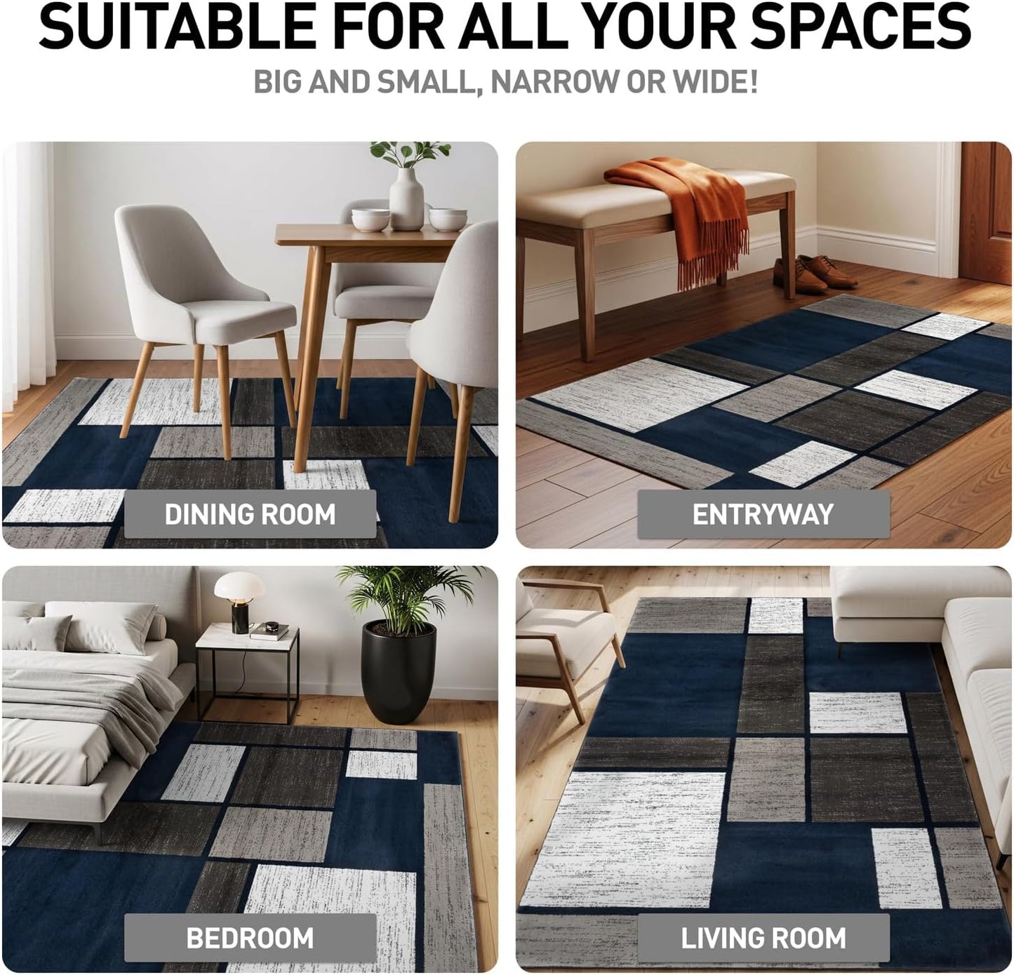 Modern Geometric Boxes Area Rug (10' x 14') – Navy Fade-Resistant Rectangular Rug for Living Room & Bedroom