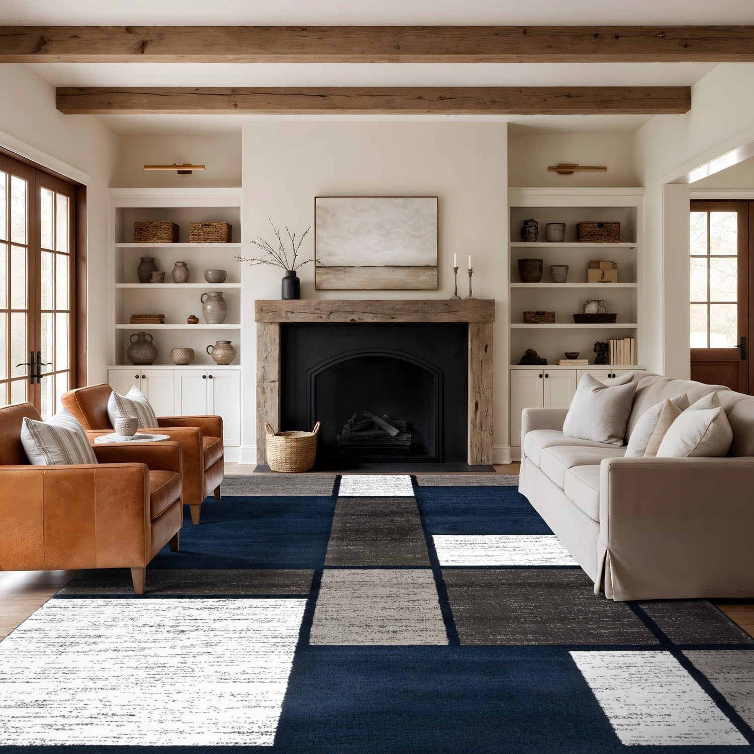 Modern Geometric Boxes Area Rug (10' x 14') – Navy Fade-Resistant Rectangular Rug for Living Room & Bedroom
